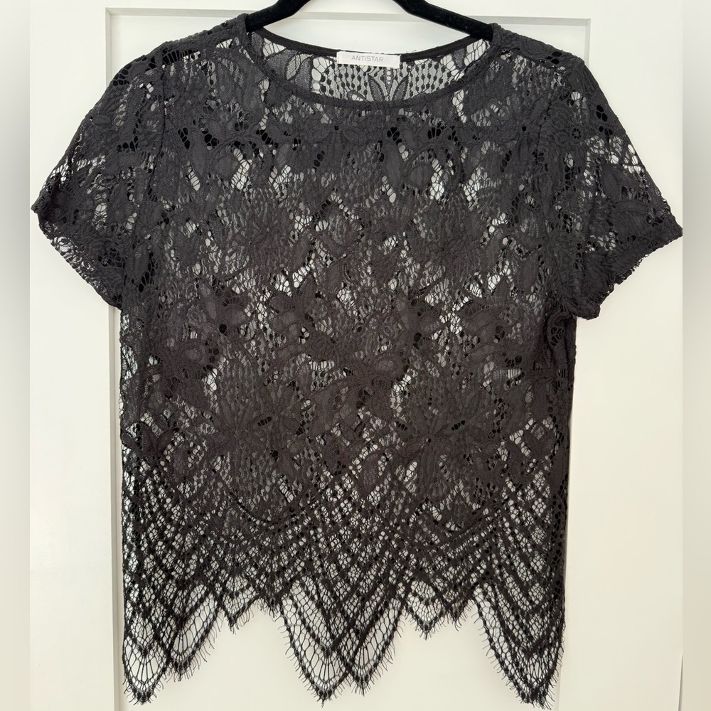 Sheer Black Lace Top 🔥 Scalloped Hem Chic Boho Grunge | Antistar | M